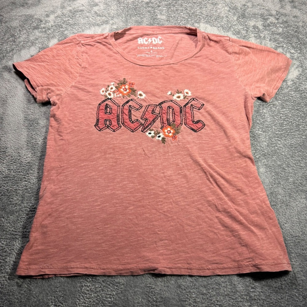 Lucky Brand AC/DC Floral Graphic‎ Tee Pink Slub Knit Short Sleeve Shirt Small